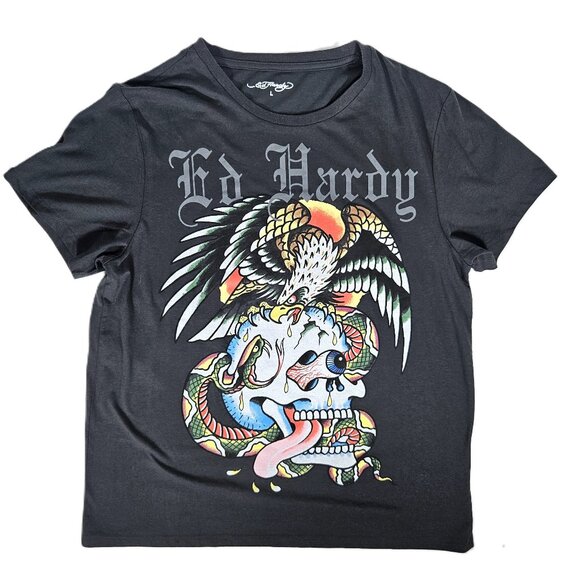 Don Ed Hardy Designs Gray Short Sleeve T-shirt Unisex Size Large Snake Gore NEW - Picture 1 of 8